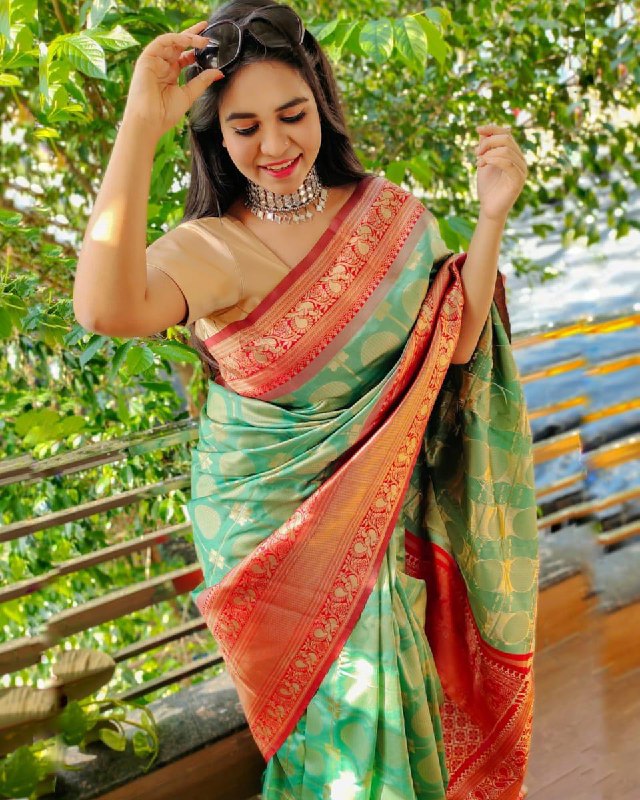 Green Soft Silk Jacquard by Icultuer with Golden Zari Border