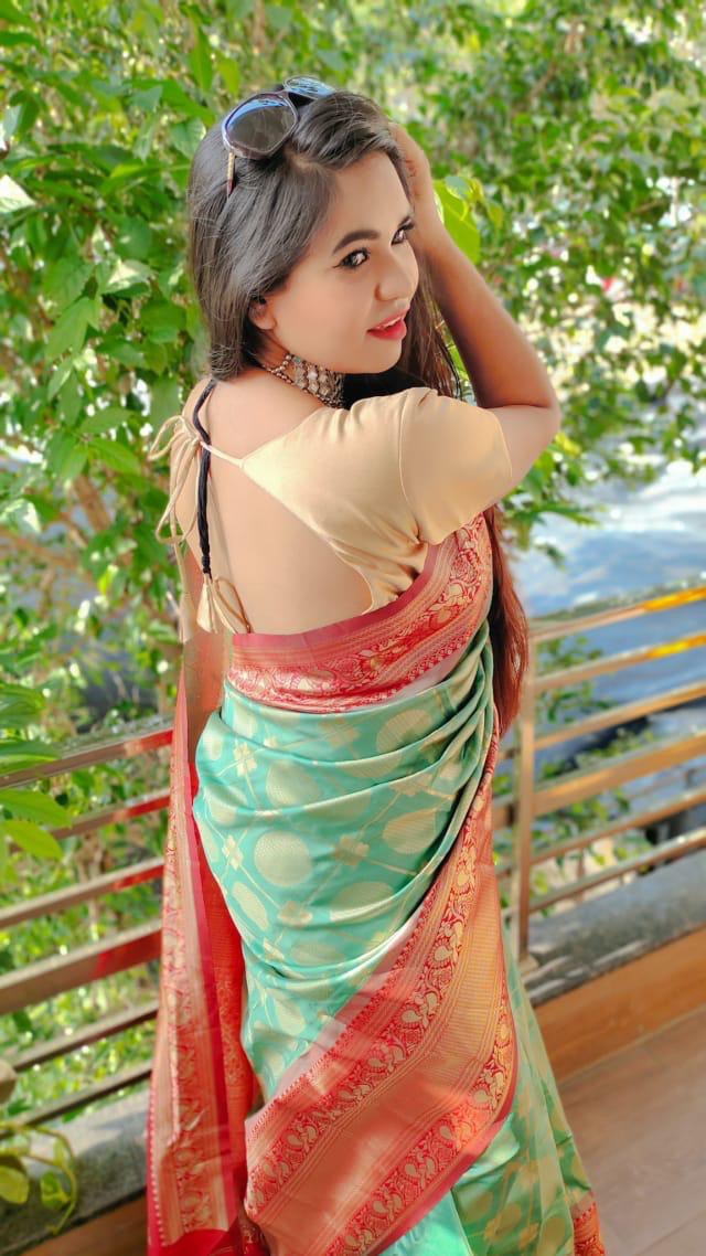 Green Soft Silk Jacquard by Icultuer with Golden Zari Border