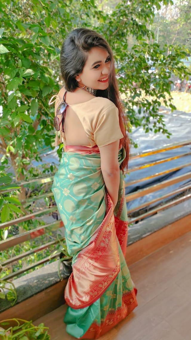 Green Soft Silk Jacquard by Icultuer with Golden Zari Border