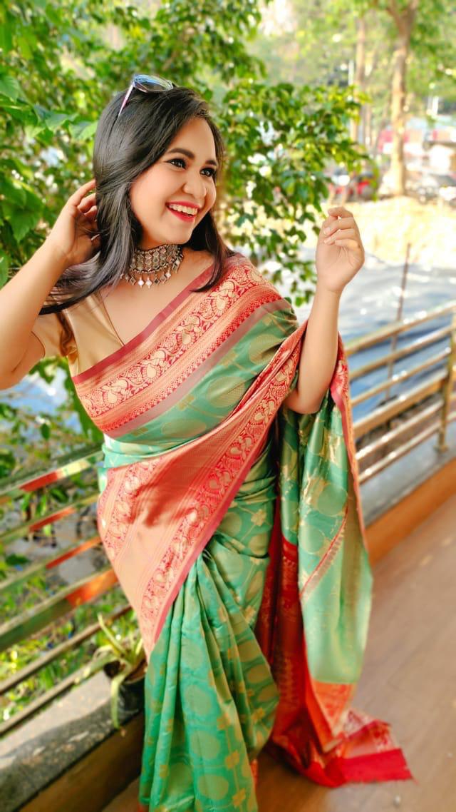 Green Soft Silk Jacquard by Icultuer with Golden Zari Border