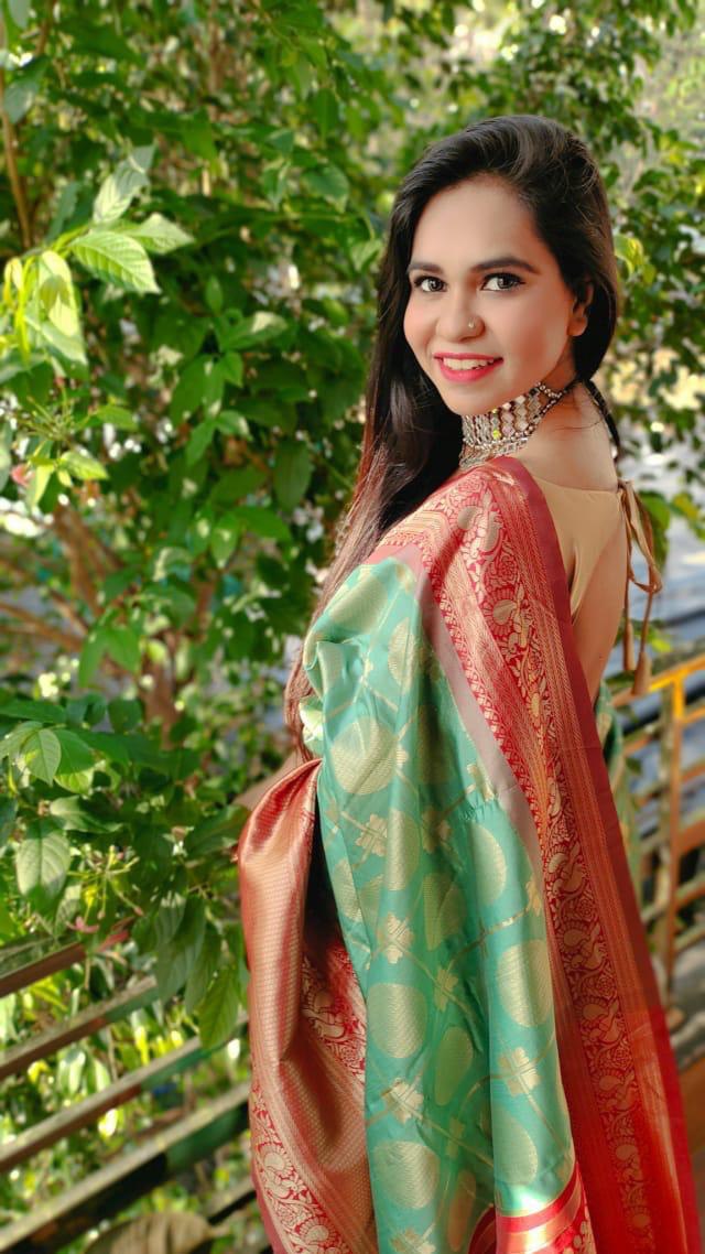 Green Soft Silk Jacquard by Icultuer with Golden Zari Border