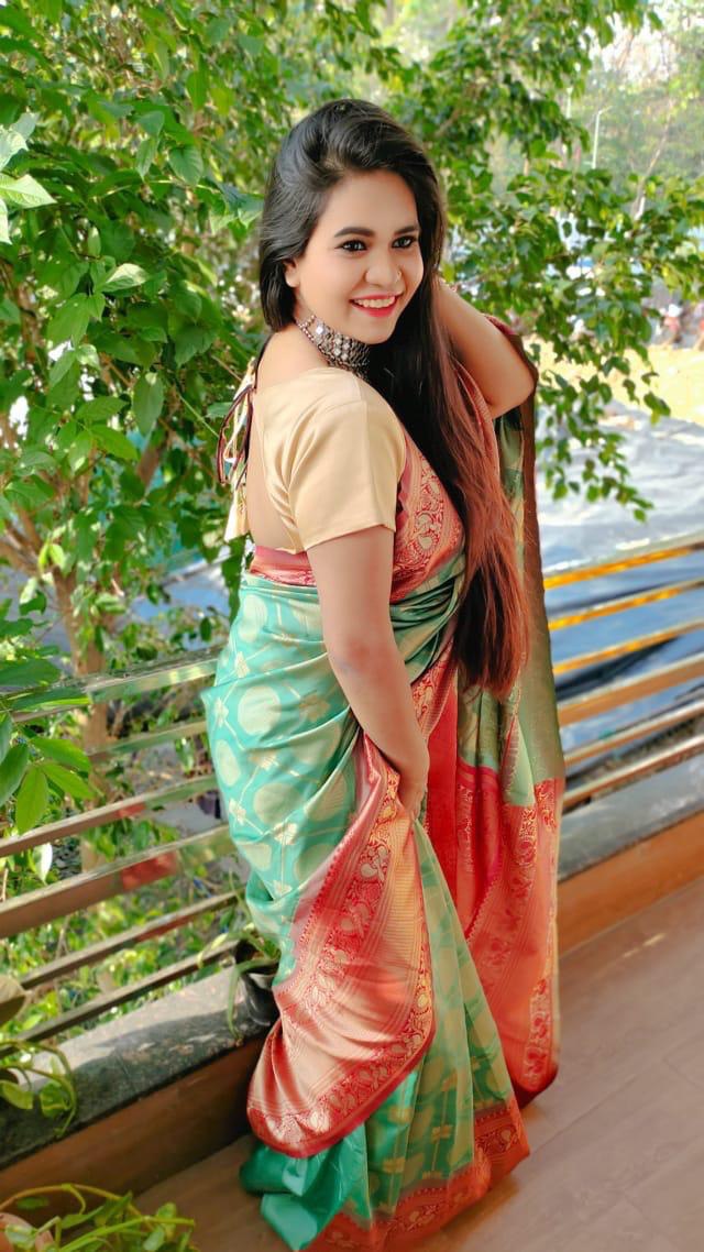 Green Soft Silk Jacquard by Icultuer with Golden Zari Border
