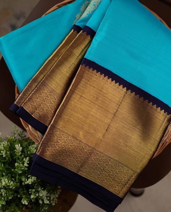 Golden Jacquard work Sky Blue Kanjivaram Silk by Icultuer