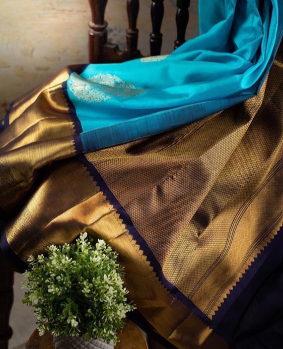 Golden Jacquard work Sky Blue Kanjivaram Silk by Icultuer