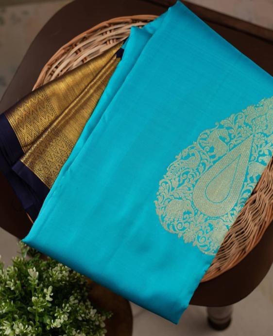 Golden Jacquard work Sky Blue Kanjivaram Silk by Icultuer
