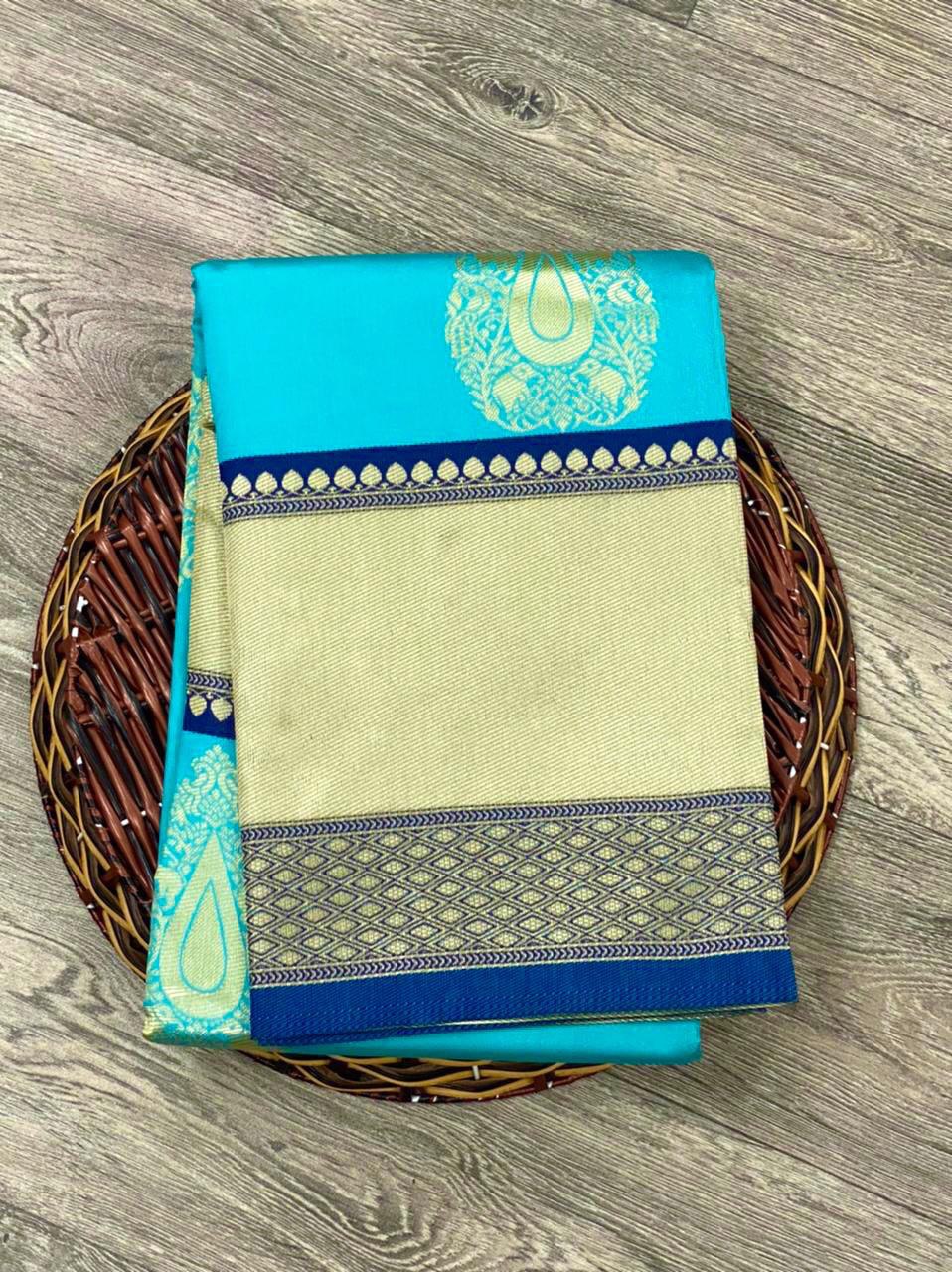 Golden Jacquard work Sky Blue Kanjivaram Silk by Icultuer