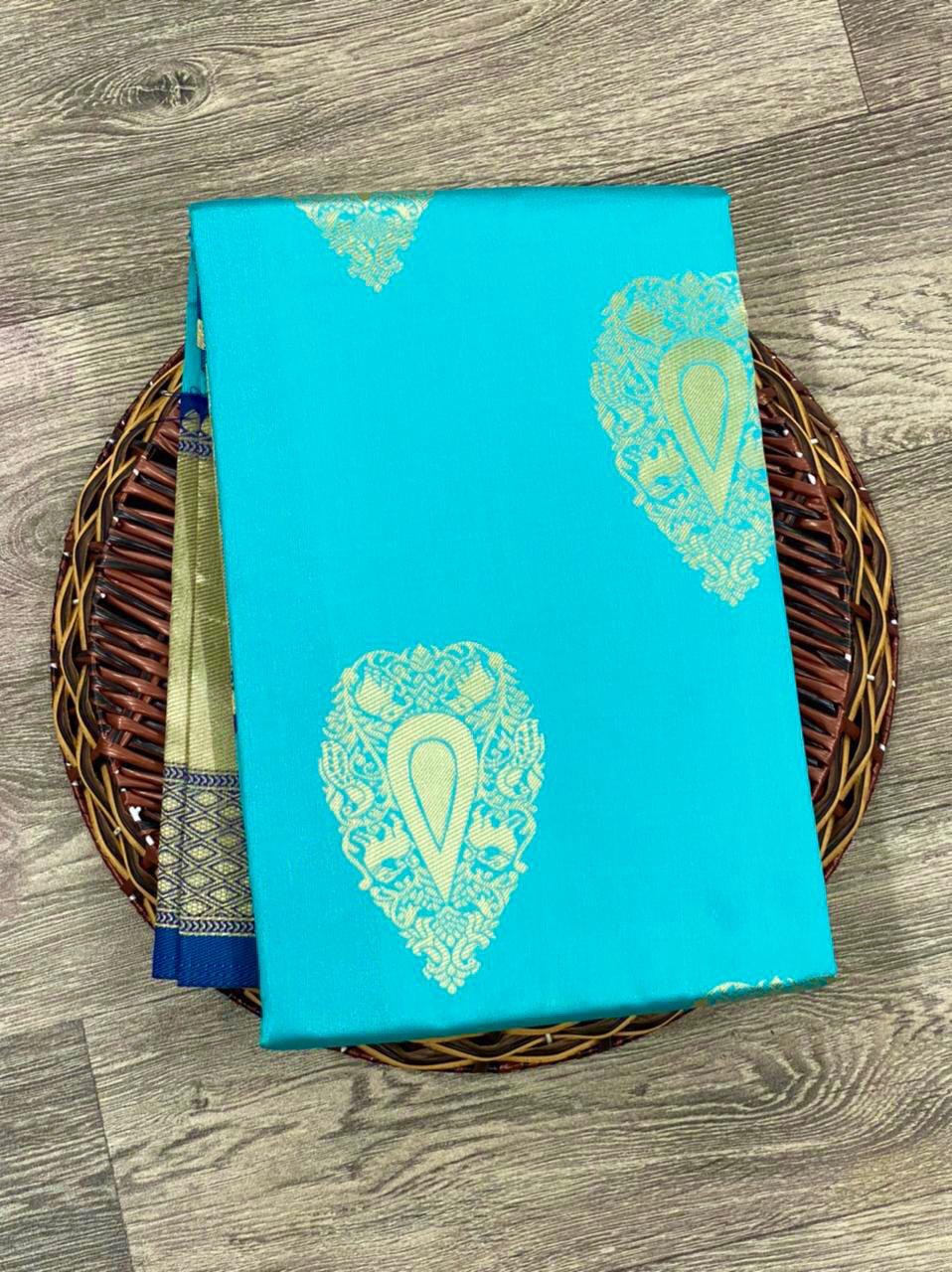 Golden Jacquard work Sky Blue Kanjivaram Silk by Icultuer