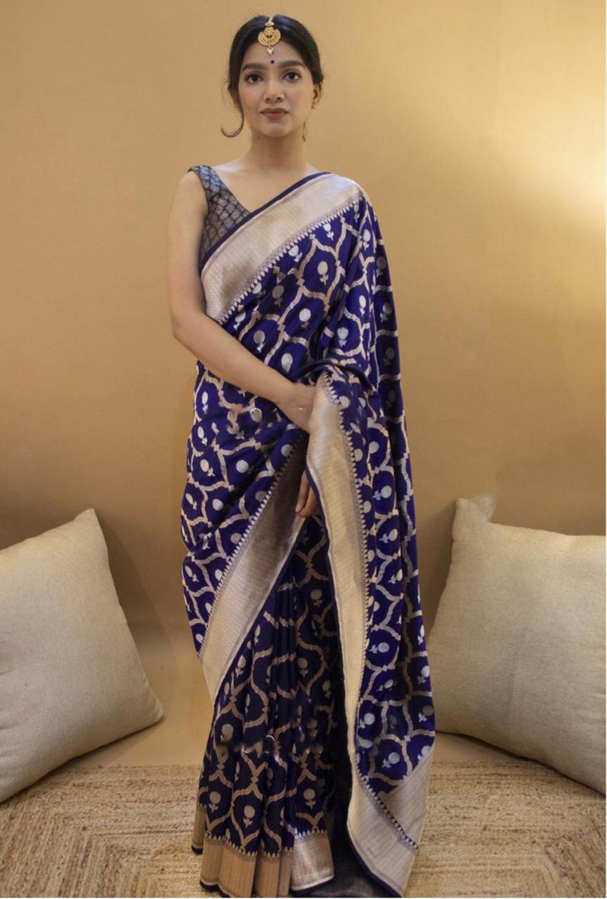 Dark Blue Zari Weaving Soft Silk by Icultuer for Women
