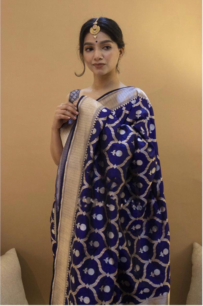 Dark Blue Zari Weaving Soft Silk by Icultuer for Women