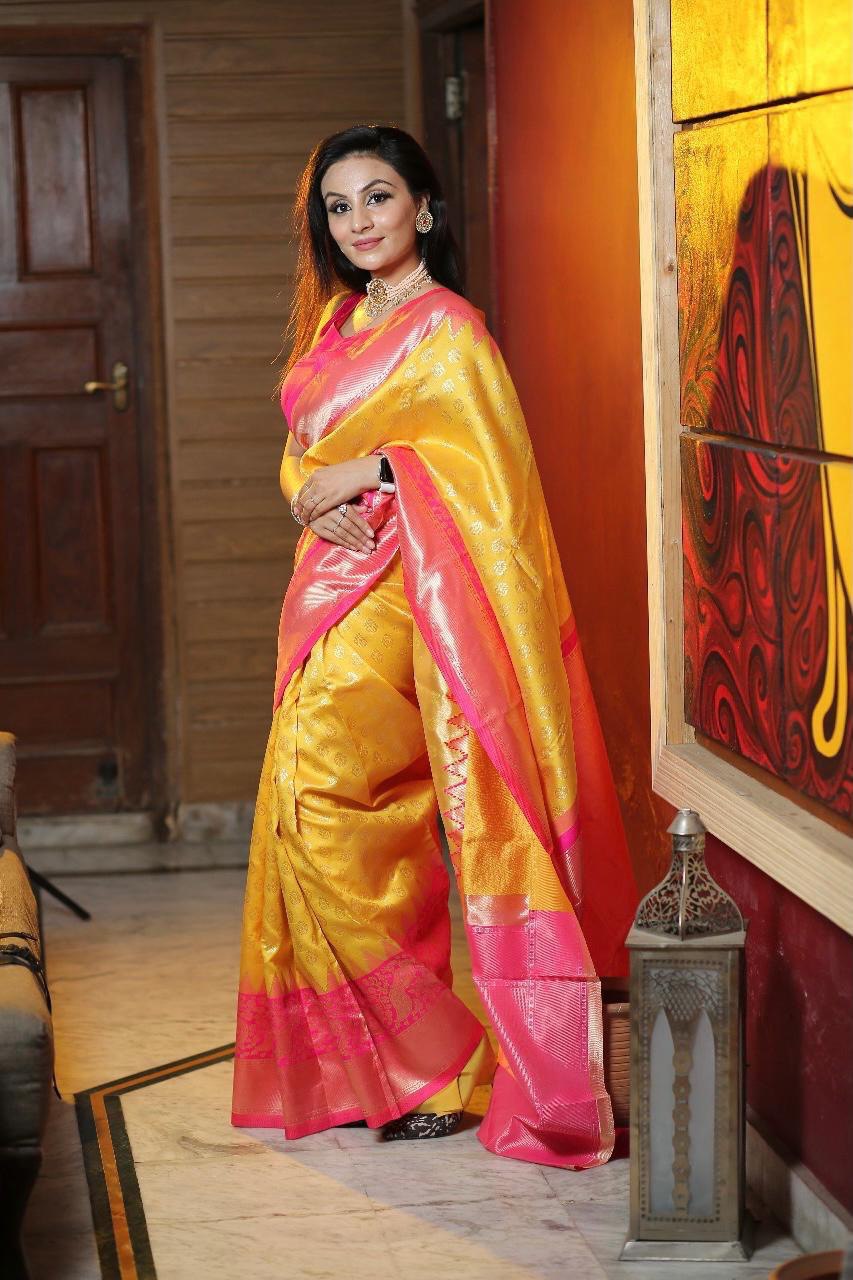Yellow Jacquard Printed Banarasi Soft Lichi Silk by Icultuer
