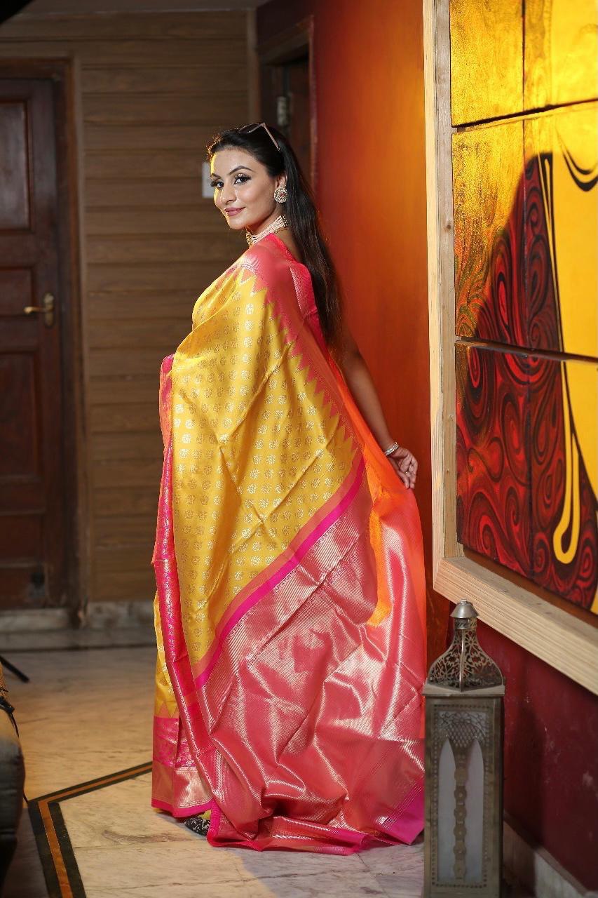 Yellow Jacquard Printed Banarasi Soft Lichi Silk by Icultuer