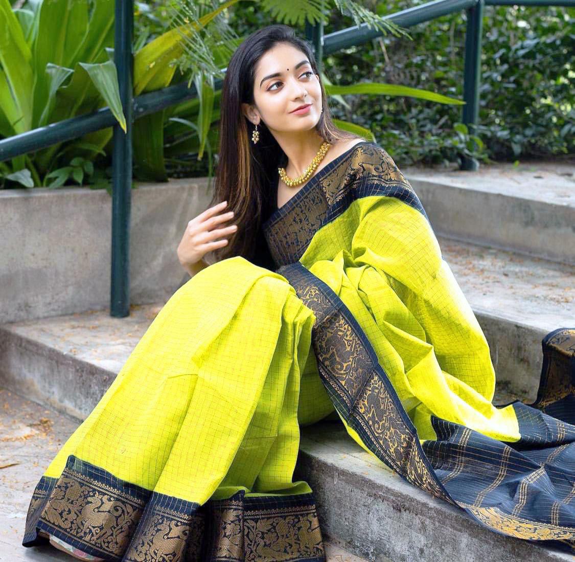 Yellow & Black Chex Printed Solid Jacquard Soft Silk by Icultuer