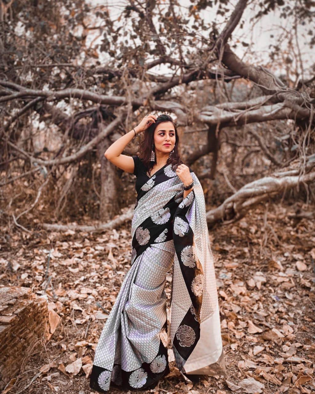 Black Floral Design Pure Silk Banarasi Jacquard by Icultuer