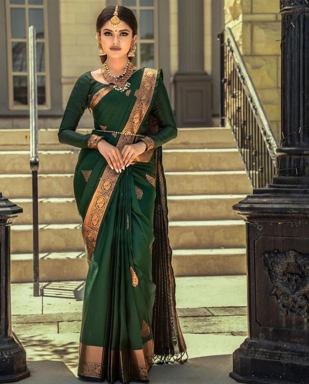 Green Soft Silk Banarasi by Icultuer with Meena Work