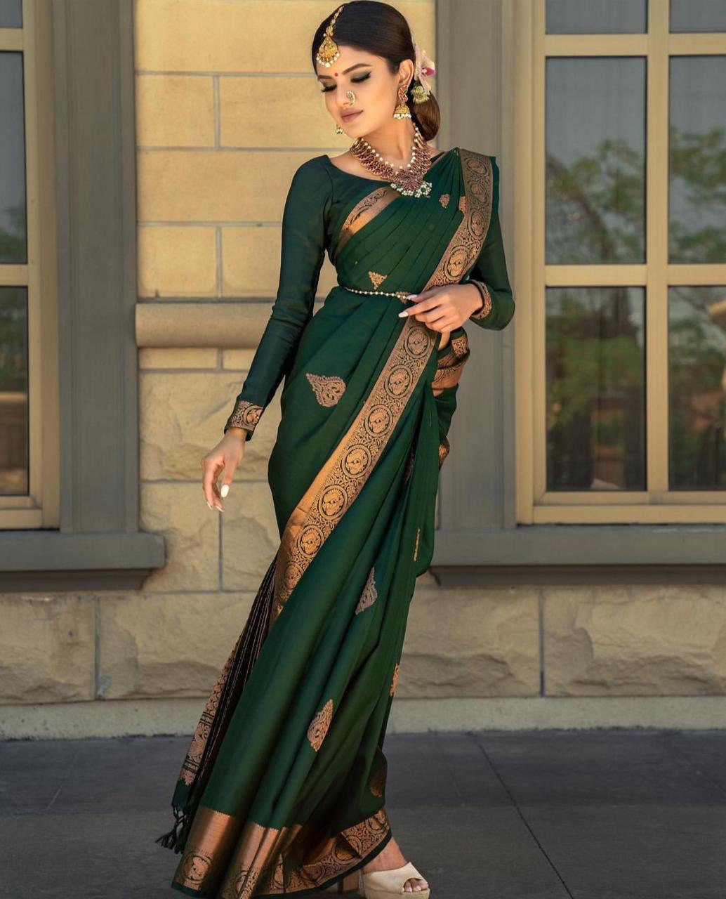 Green Soft Silk Banarasi by Icultuer with Meena Work