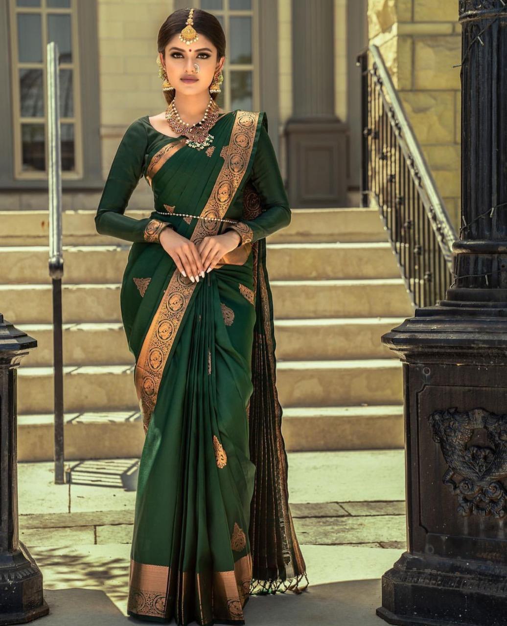 Green Soft Silk Banarasi by Icultuer with Meena Work
