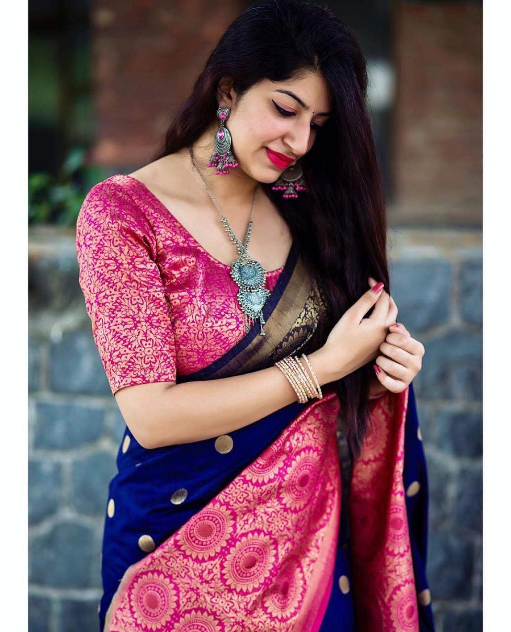 Zari Woven Organic Banarasi Soft Silk by Icultuers with Jacquard Border