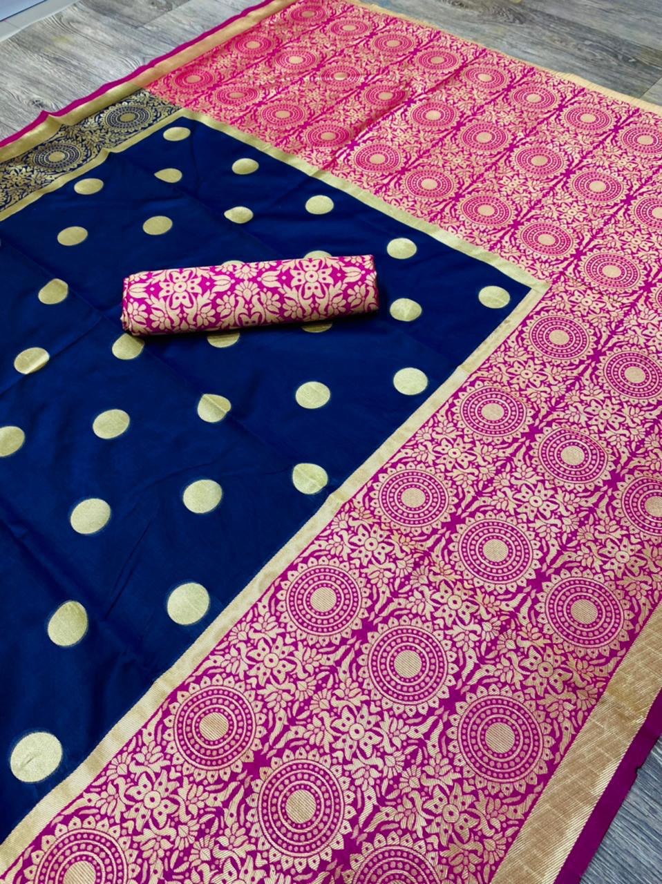 Zari Woven Organic Banarasi Soft Silk by Icultuers with Jacquard Border