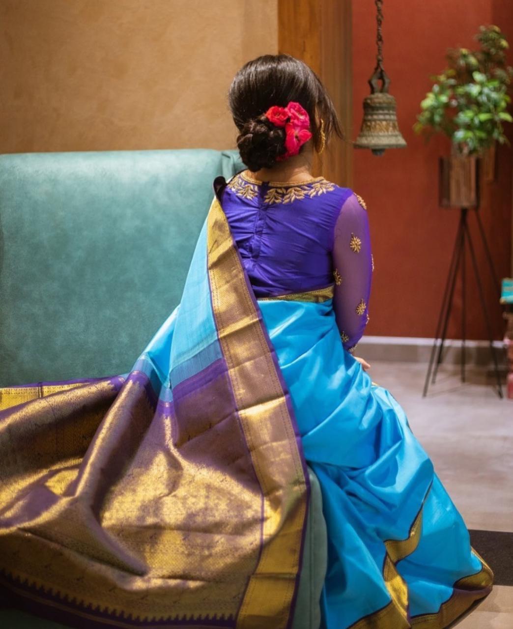 Blue Jacquard Printed Soft Lichi Silk by Icultuer