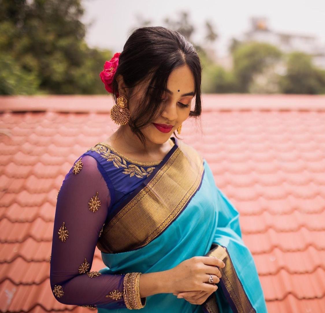 Blue Jacquard Printed Soft Lichi Silk by Icultuer