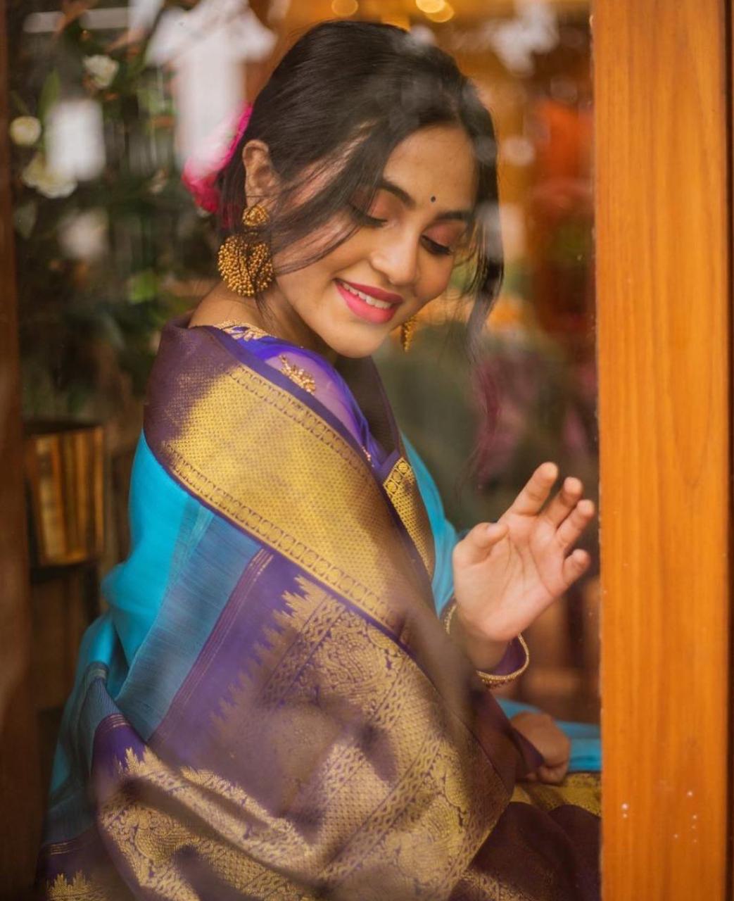 Blue Jacquard Printed Soft Lichi Silk by Icultuer