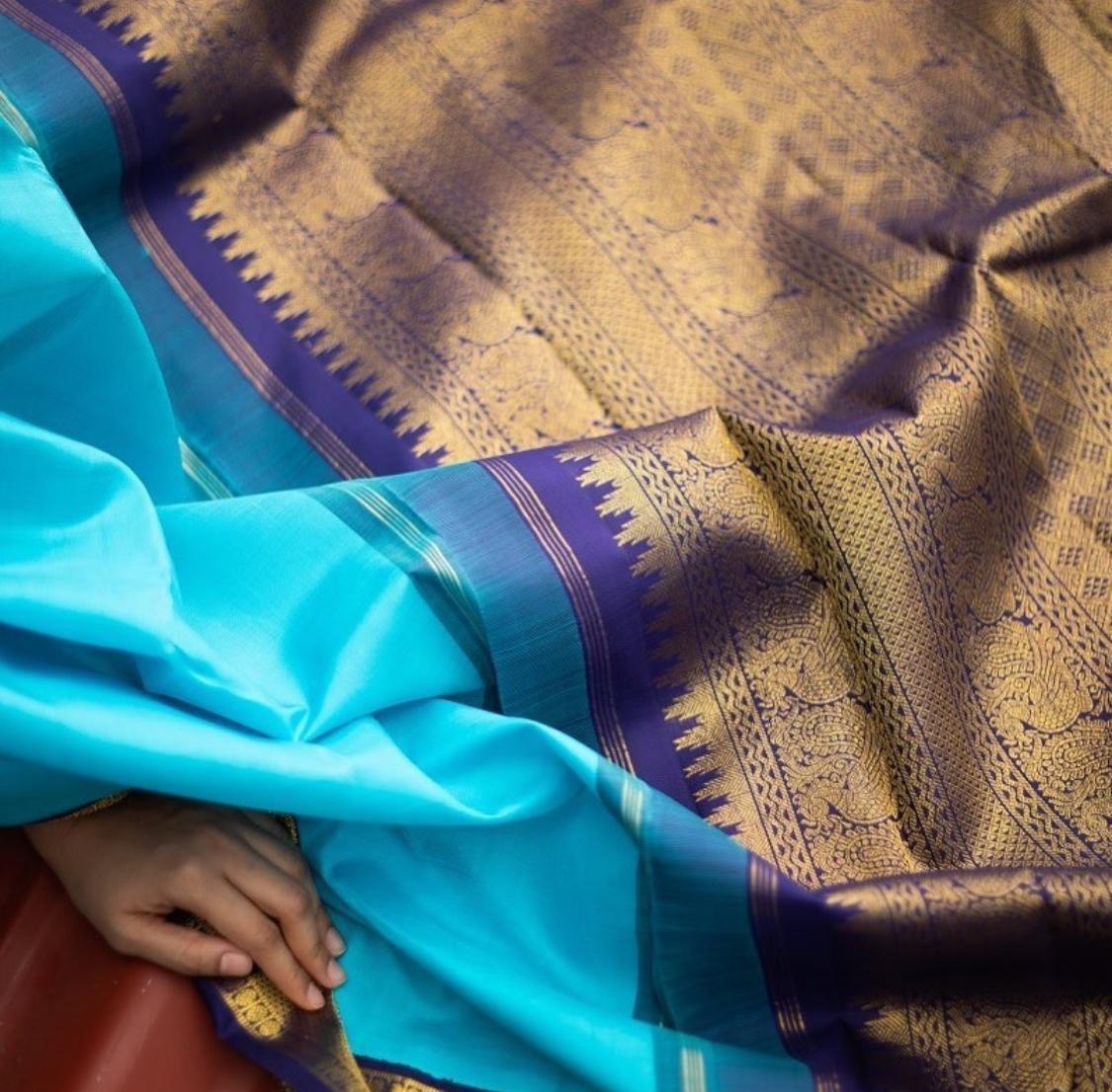 Blue Jacquard Printed Soft Lichi Silk by Icultuer