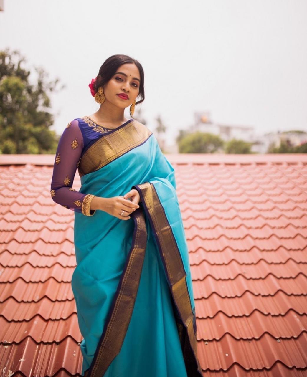Blue Jacquard Printed Soft Lichi Silk by Icultuer