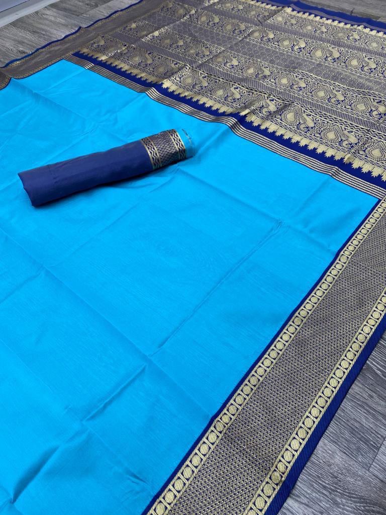 Blue Jacquard Printed Soft Lichi Silk by Icultuer