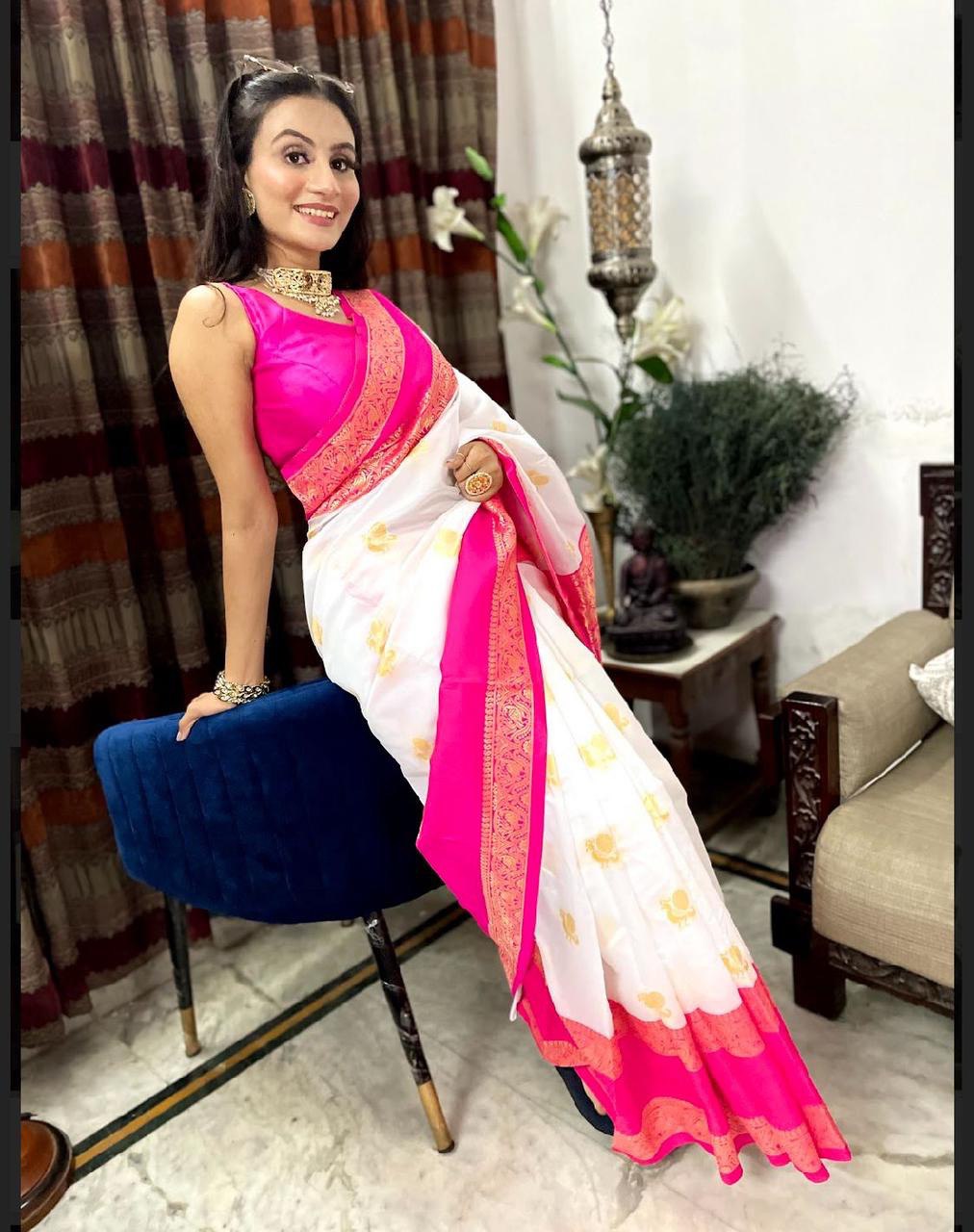 White Zari Weaving Kanjivaram Jacquard by Icultuer