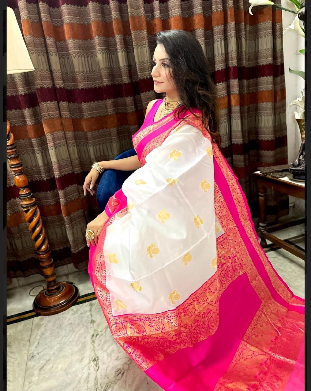 White Zari Weaving Kanjivaram Jacquard by Icultuer