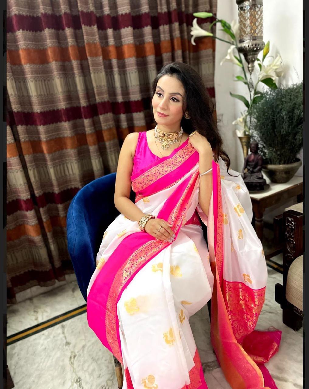 White Zari Weaving Kanjivaram Jacquard by Icultuer