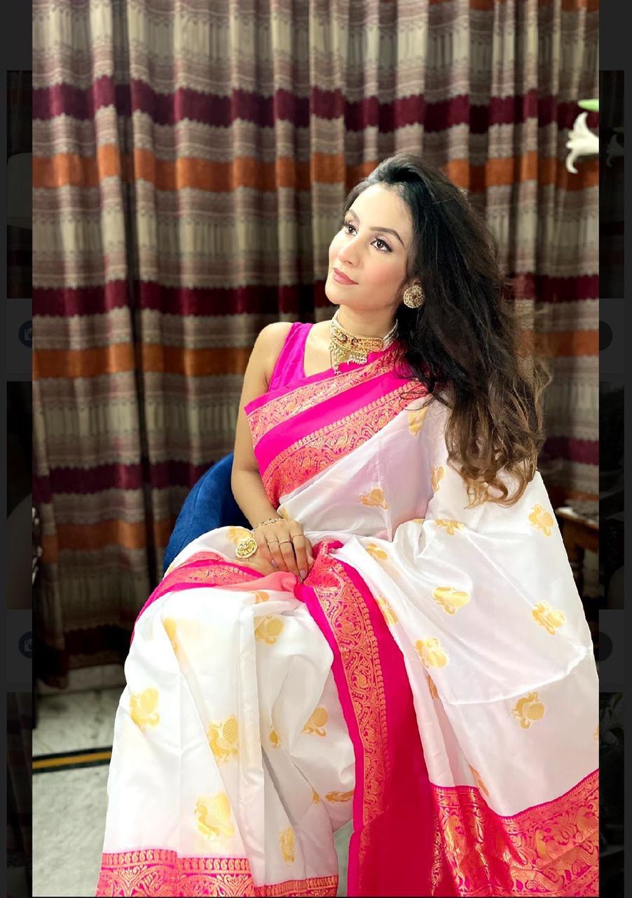 White Zari Weaving Kanjivaram Jacquard by Icultuer