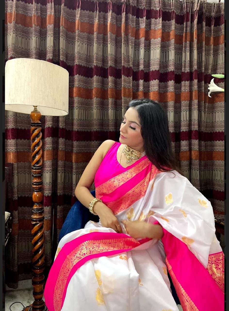 White Zari Weaving Kanjivaram Jacquard by Icultuer