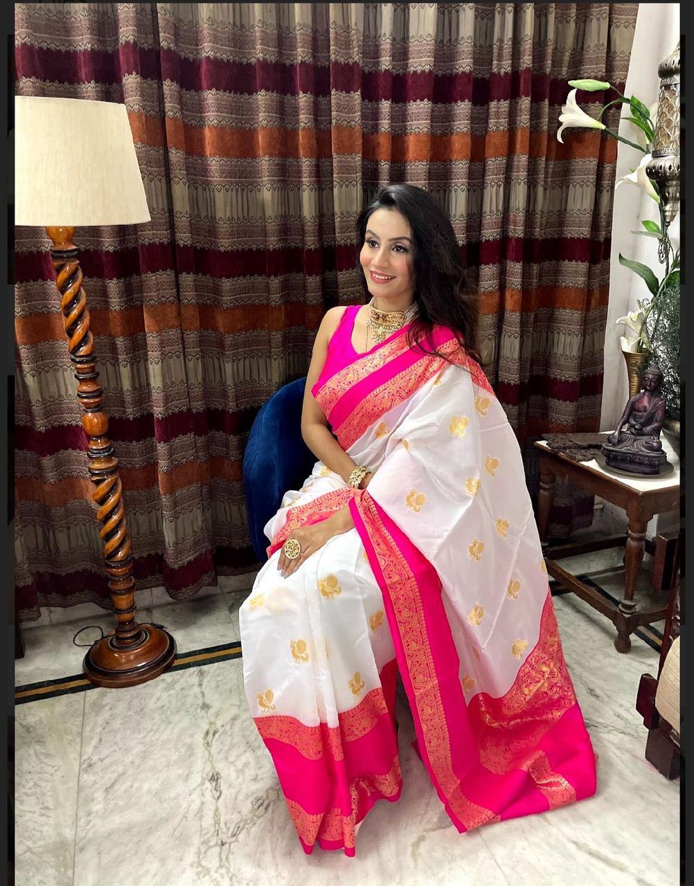 White Zari Weaving Kanjivaram Jacquard by Icultuer