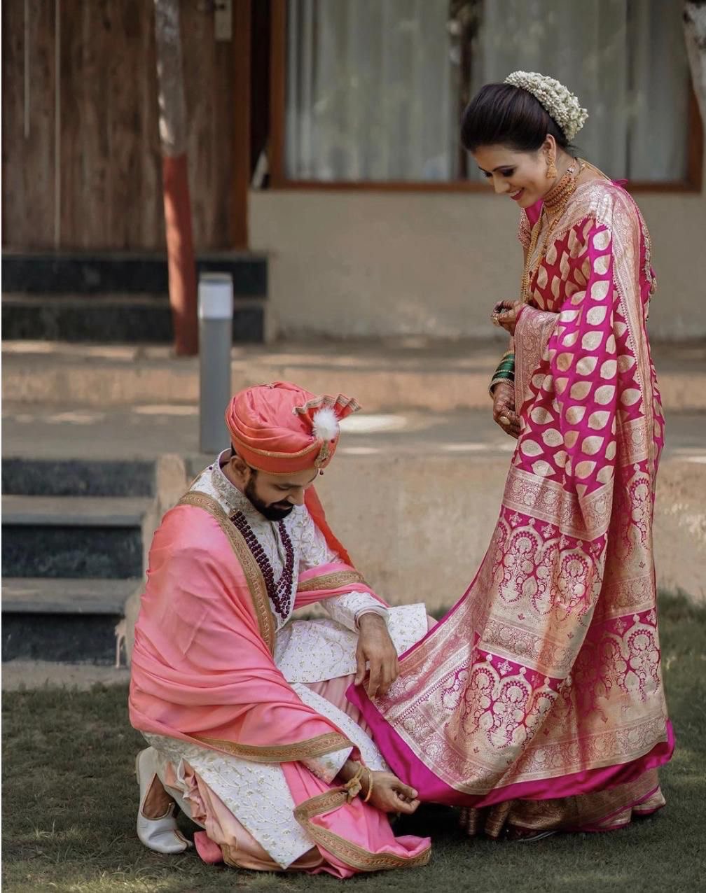 Peach Pure Lichi Silk by Icultuer with Golden Zari Weaving Work