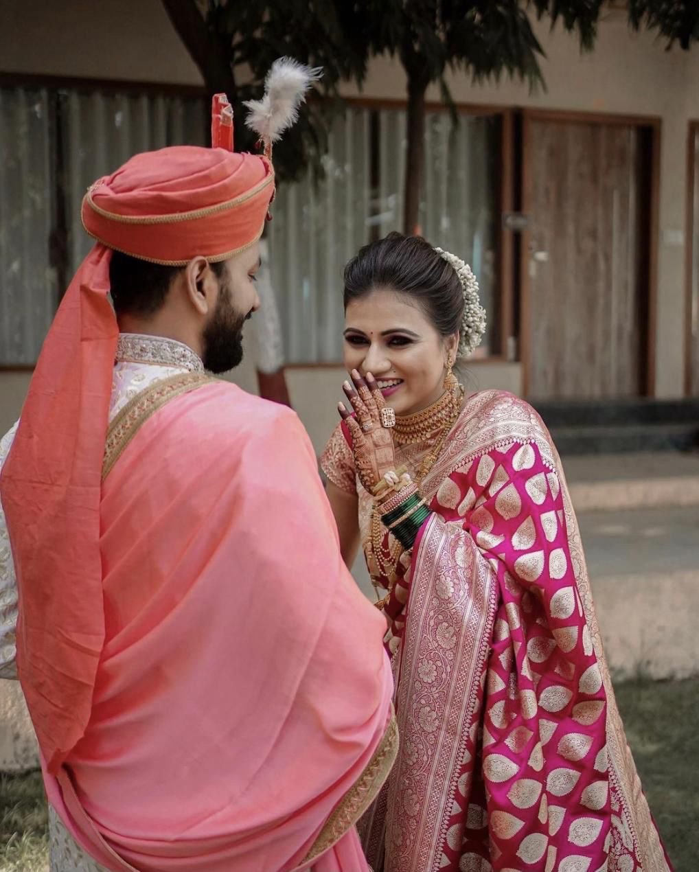 Peach Pure Lichi Silk by Icultuer with Golden Zari Weaving Work