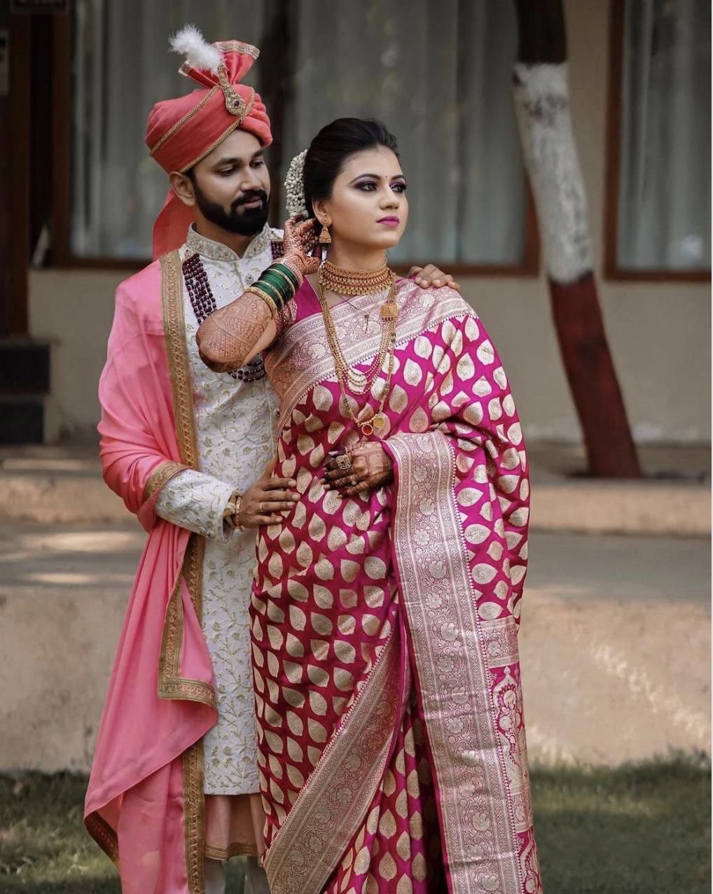 Peach Pure Lichi Silk by Icultuer with Golden Zari Weaving Work