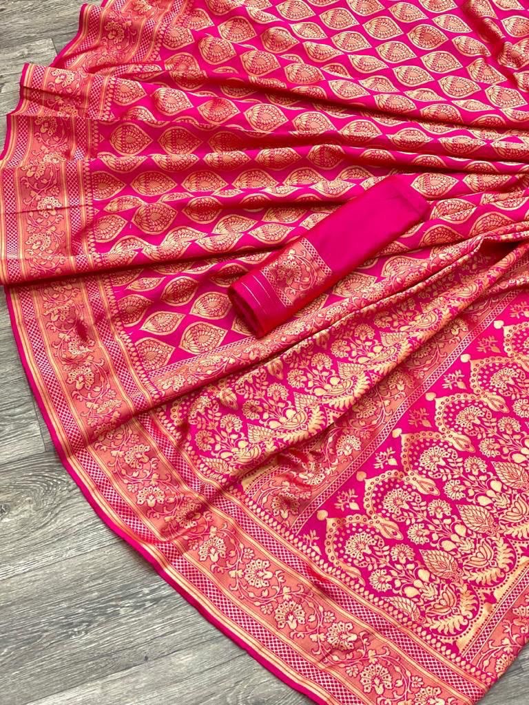 Peach Pure Lichi Silk by Icultuer with Golden Zari Weaving Work