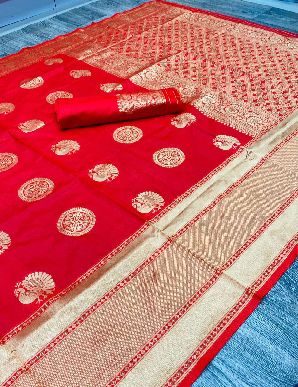 Red Kanjivaram Soft Silk by Icultuer with Golden Work