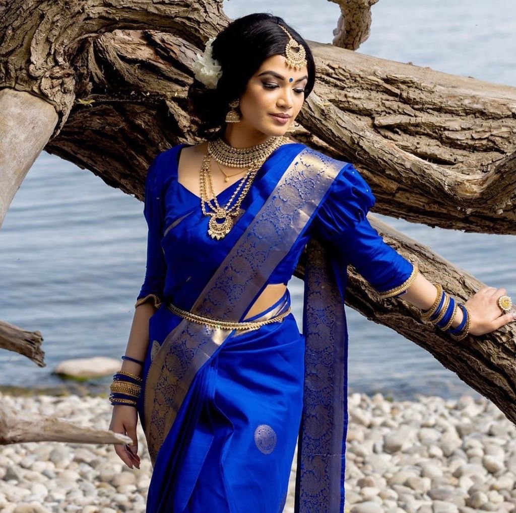 Blue Zari Woven Kanjivaram Silk Blend by Icultuer