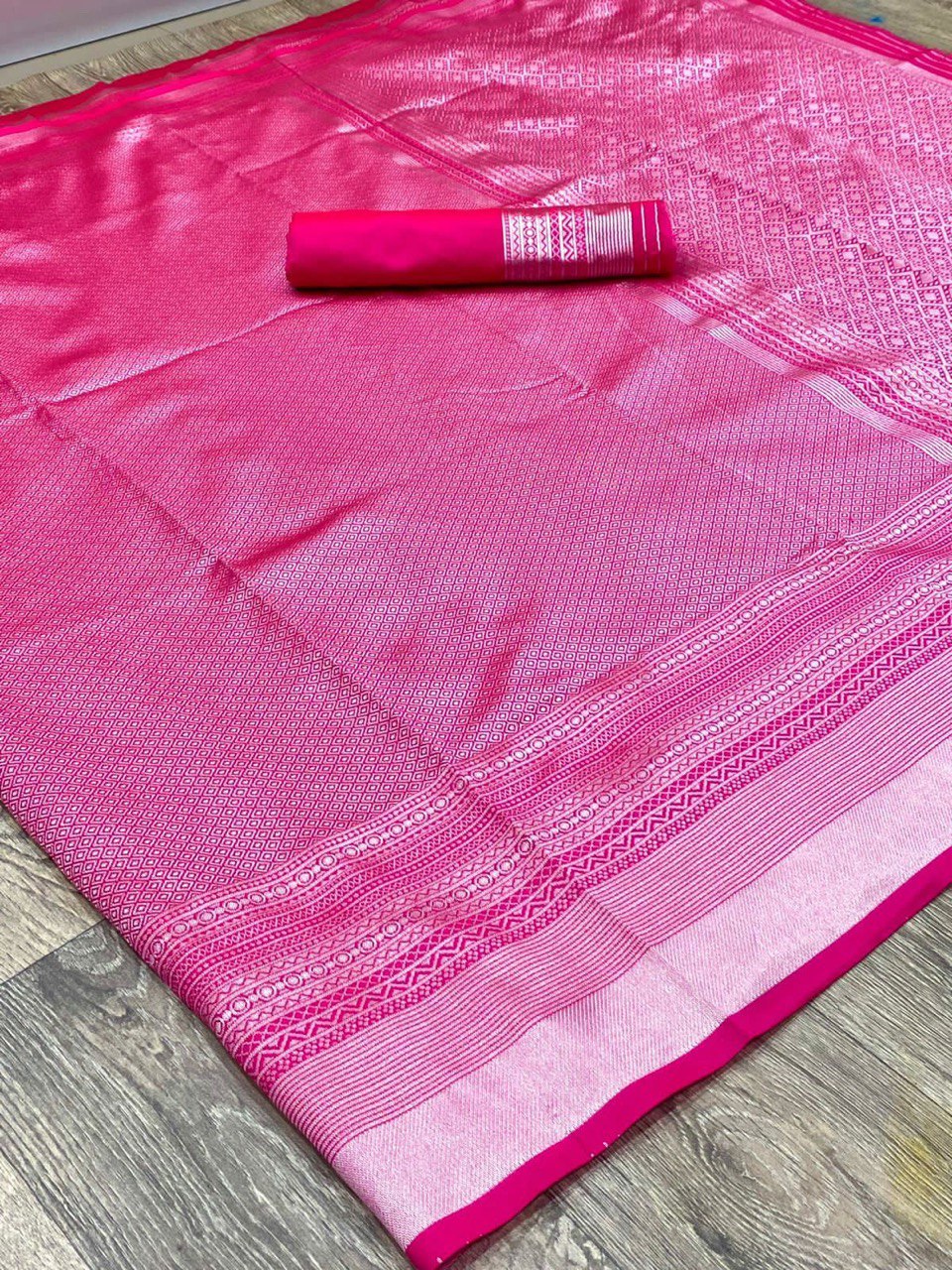 Bright Pink Silver Zari Woven Kanjivaram Soft Silk by Icultuer