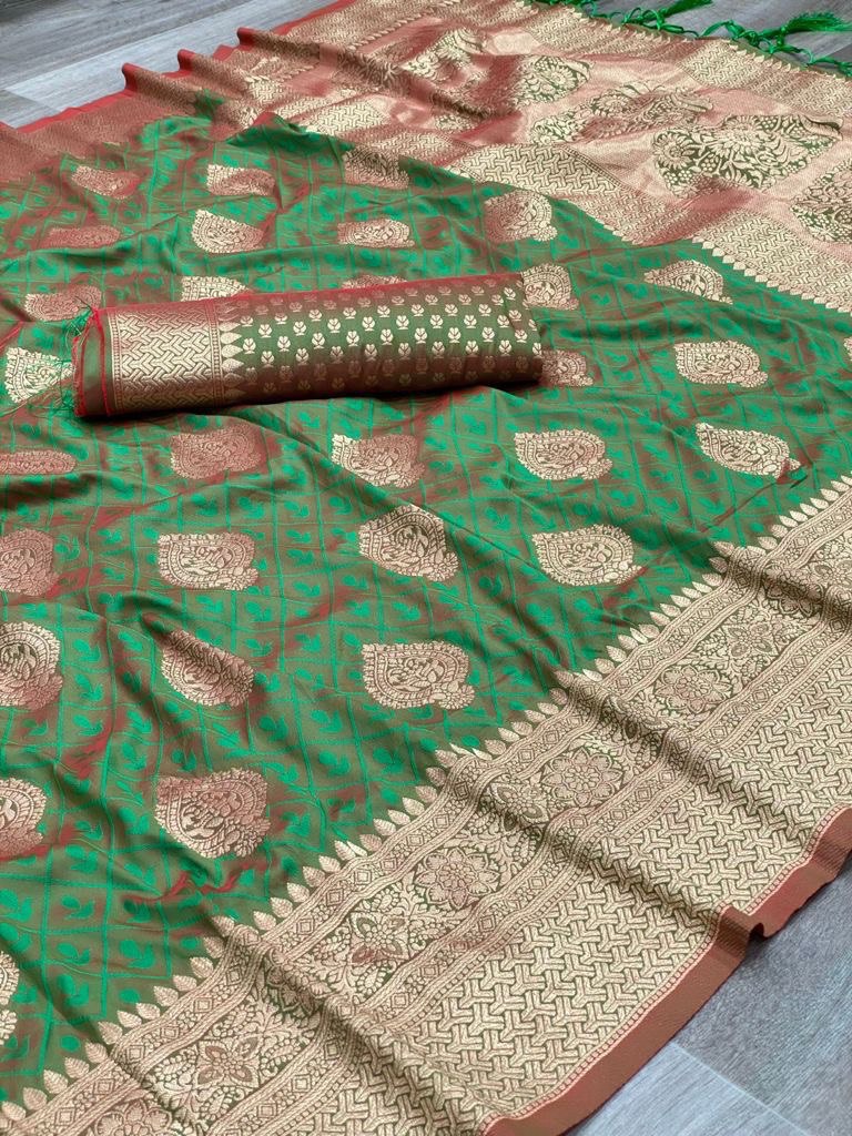 Green Digital Printed Soft Lichi Silk Kanjivaram by Icultuer