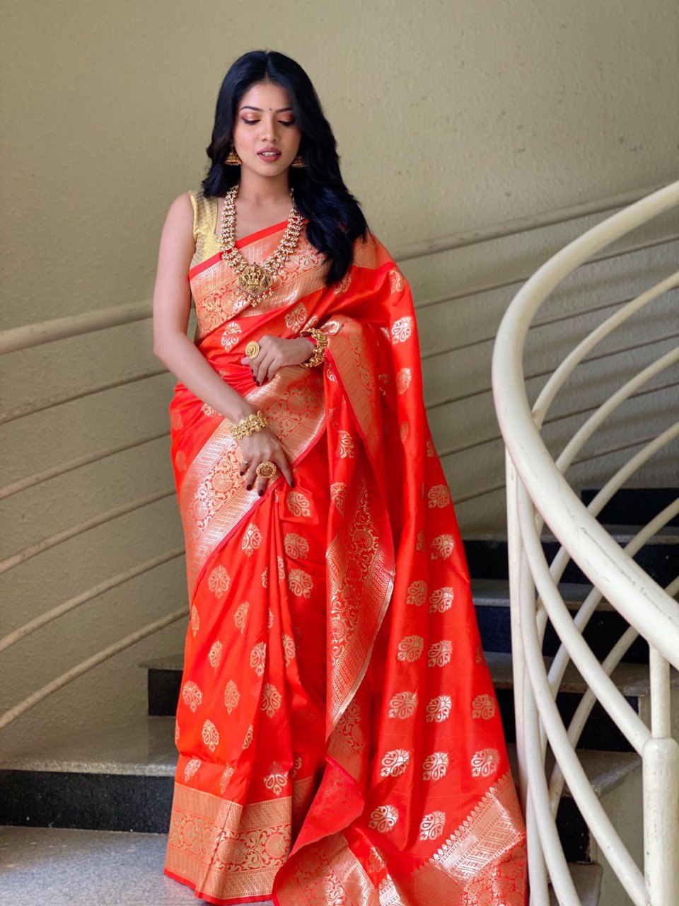 Orange Pure Soft Silk with Zari Weaving by Icultuer for Wedding