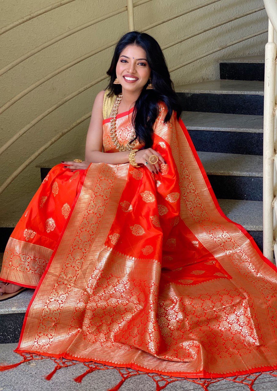 Orange Pure Soft Silk with Zari Weaving by Icultuer for Wedding