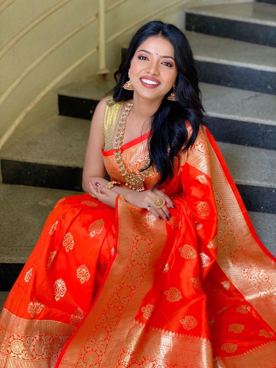 Orange Pure Soft Silk with Zari Weaving by Icultuer for Wedding