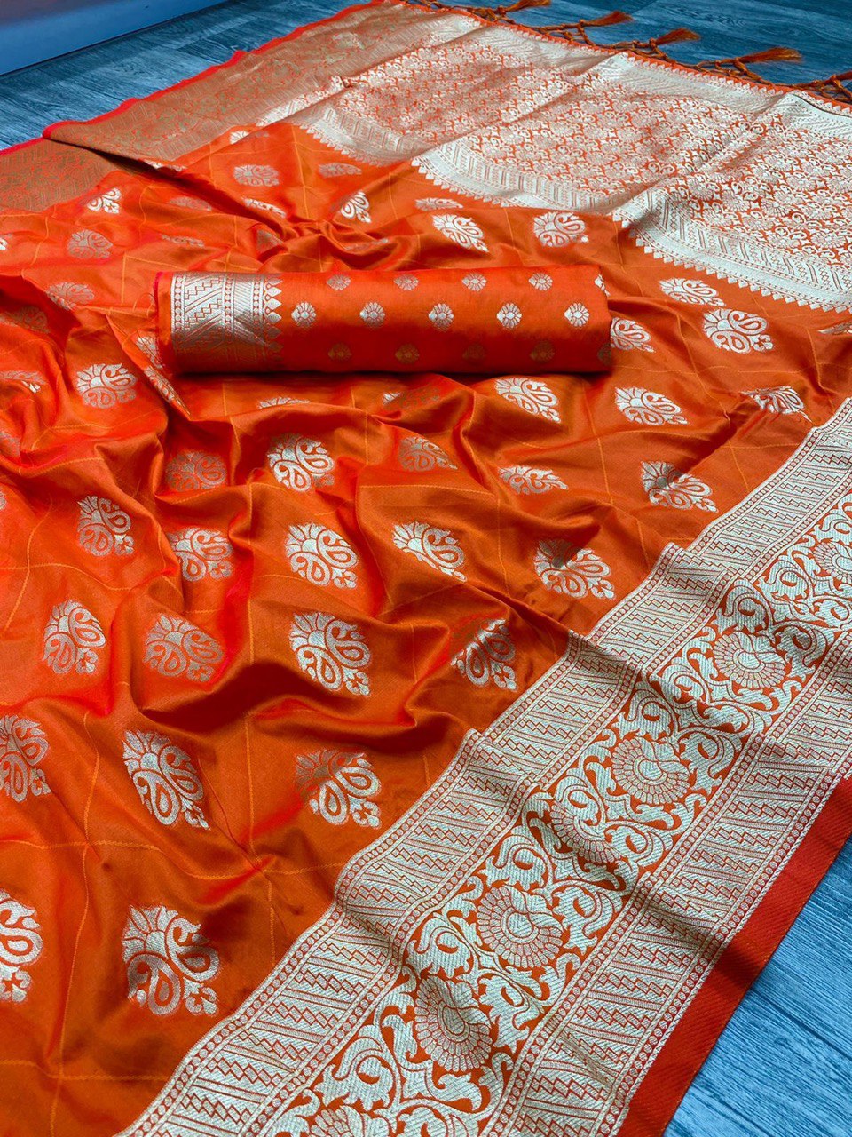 Orange Pure Soft Silk with Zari Weaving by Icultuer for Wedding