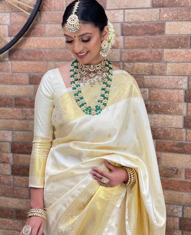 Cream Cotton Soft Silk by Icultuer with Golden Border