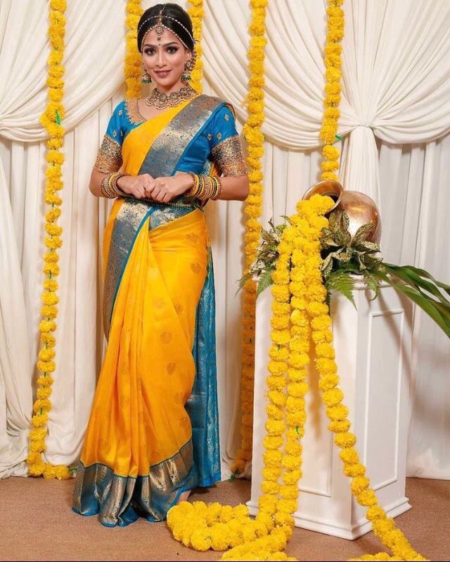 Yellow Zari Woven Banarasi Soft Silk by Icultuer