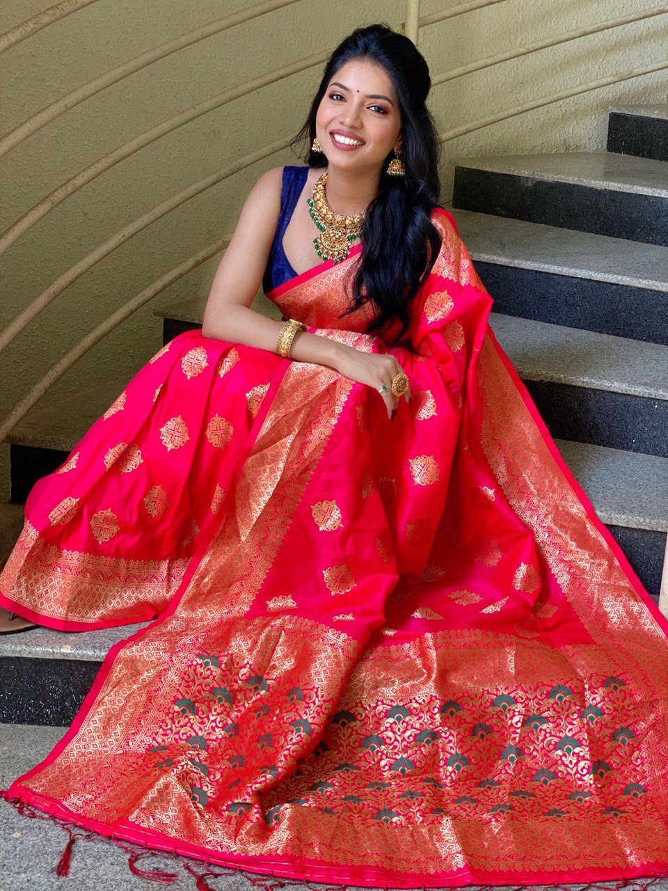 Red Golden Zari Weaving Banarasi Soft Silk by Icultuer
