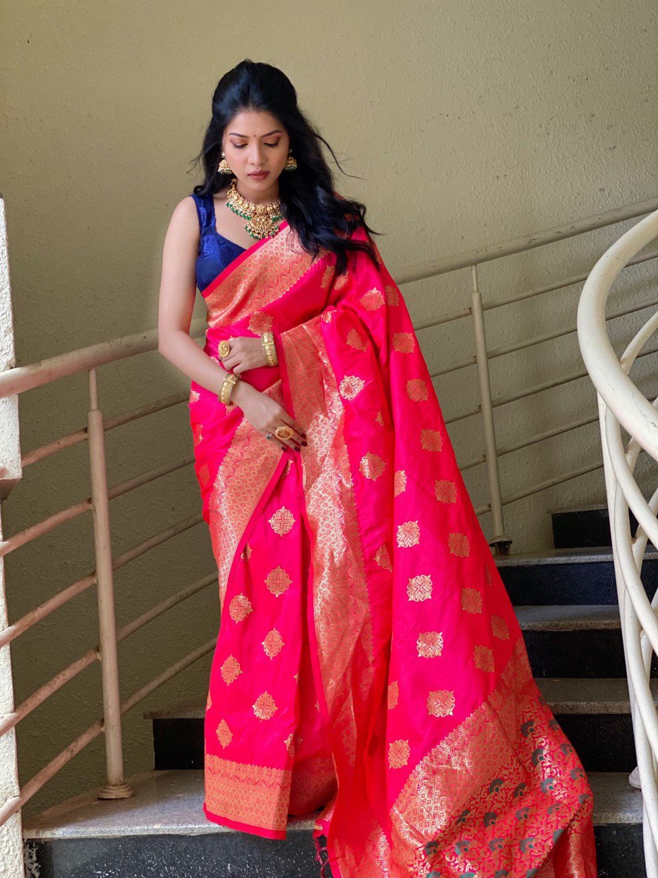 Red Golden Zari Weaving Banarasi Soft Silk by Icultuer